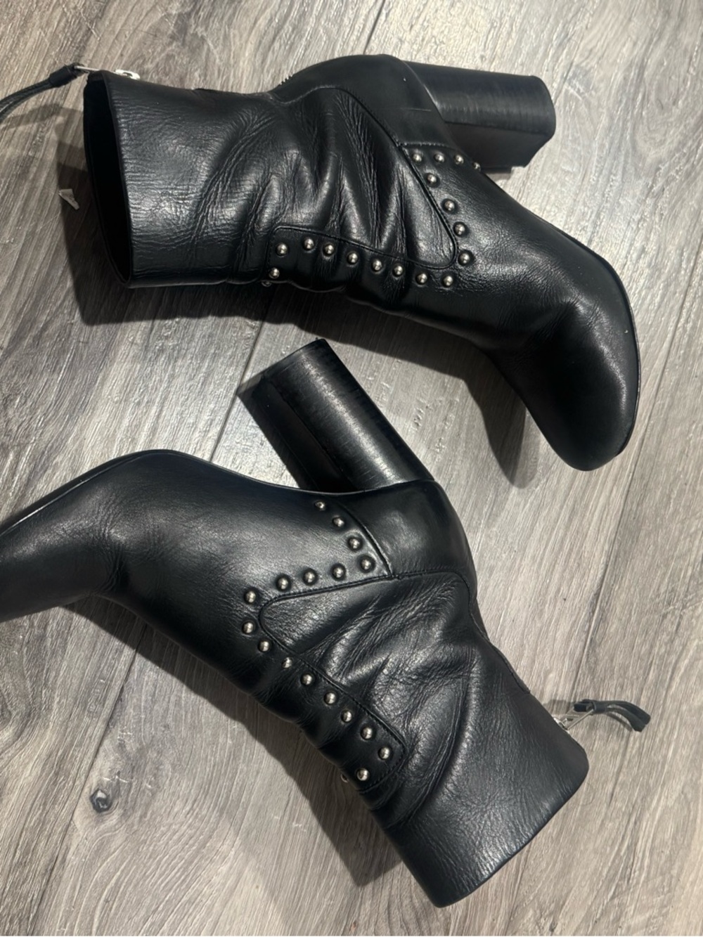 AllSaints Ivy Leather Studded Ankle Boots Black Block Heel Size 38 - Picture 3 of 7